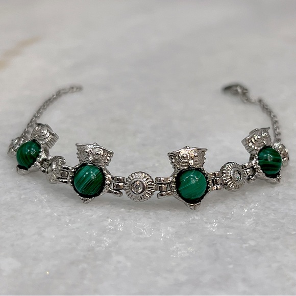 Jewelry - African Malachite and Diamond Silver Owl Bracelet
